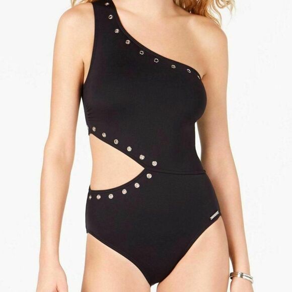 Michael Kors Women's Black side Cutout  one Piece grommet accent Swimsuit sz 8 - Picture 1 of 11